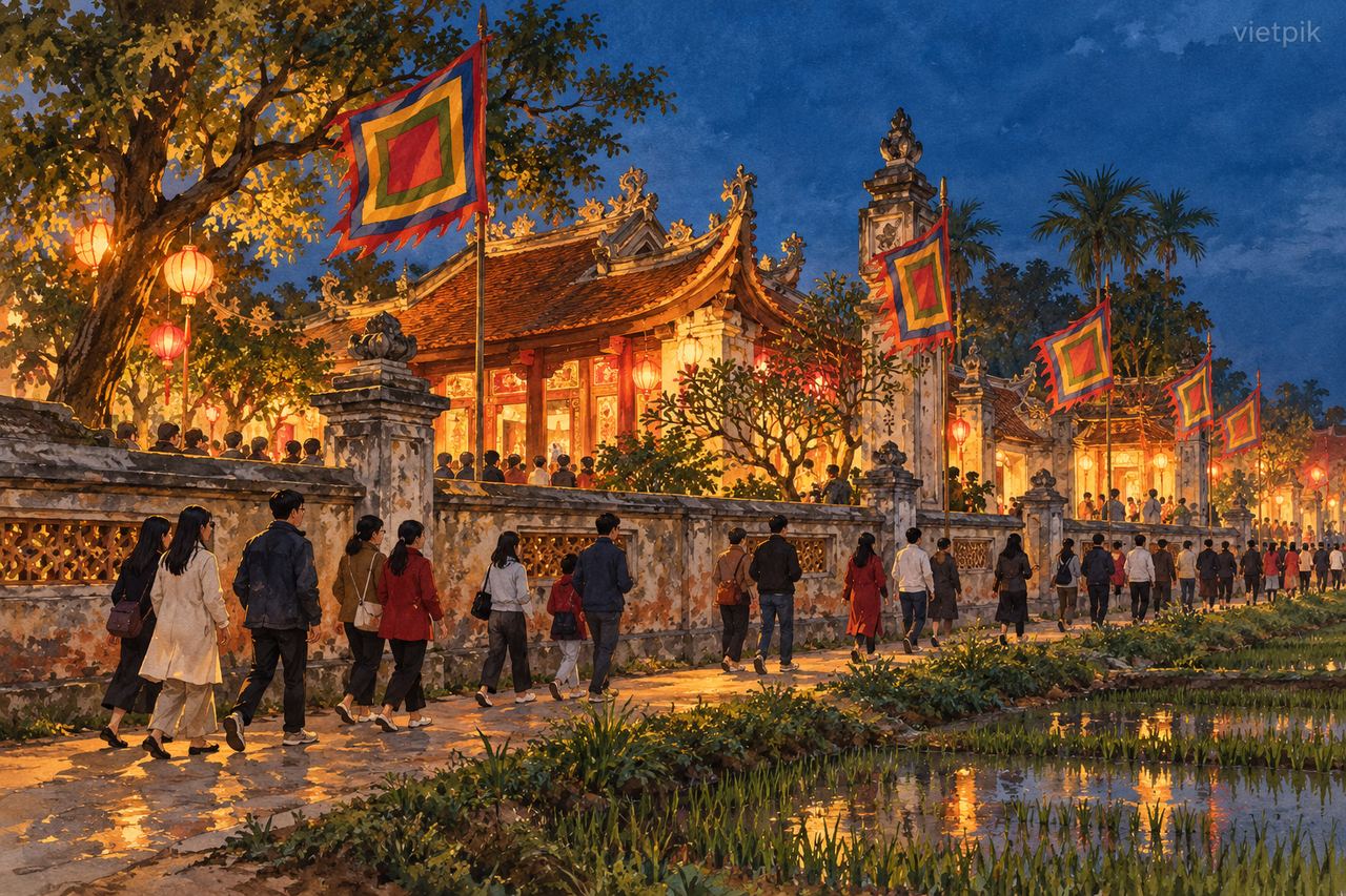 Evening visitors beside a temple wall with festival flags