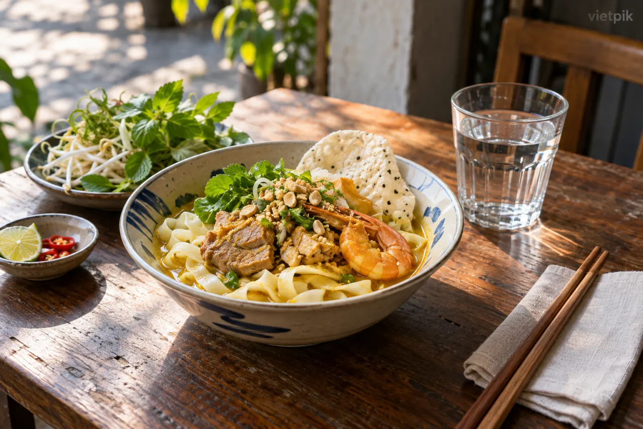 Breakfast table with a bowl of mì Quảng, herbs and a glass of water