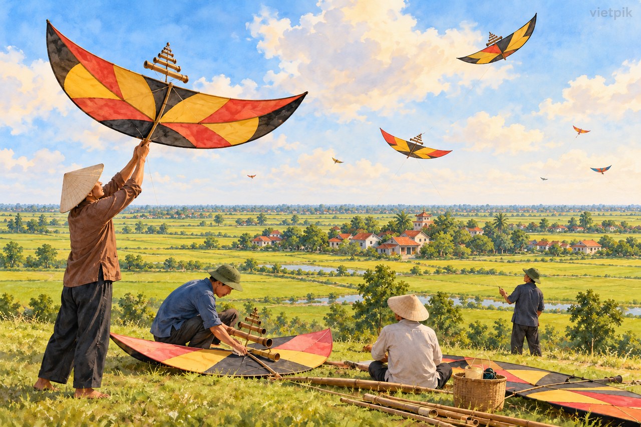 Concept of flute kites over flat rice fields