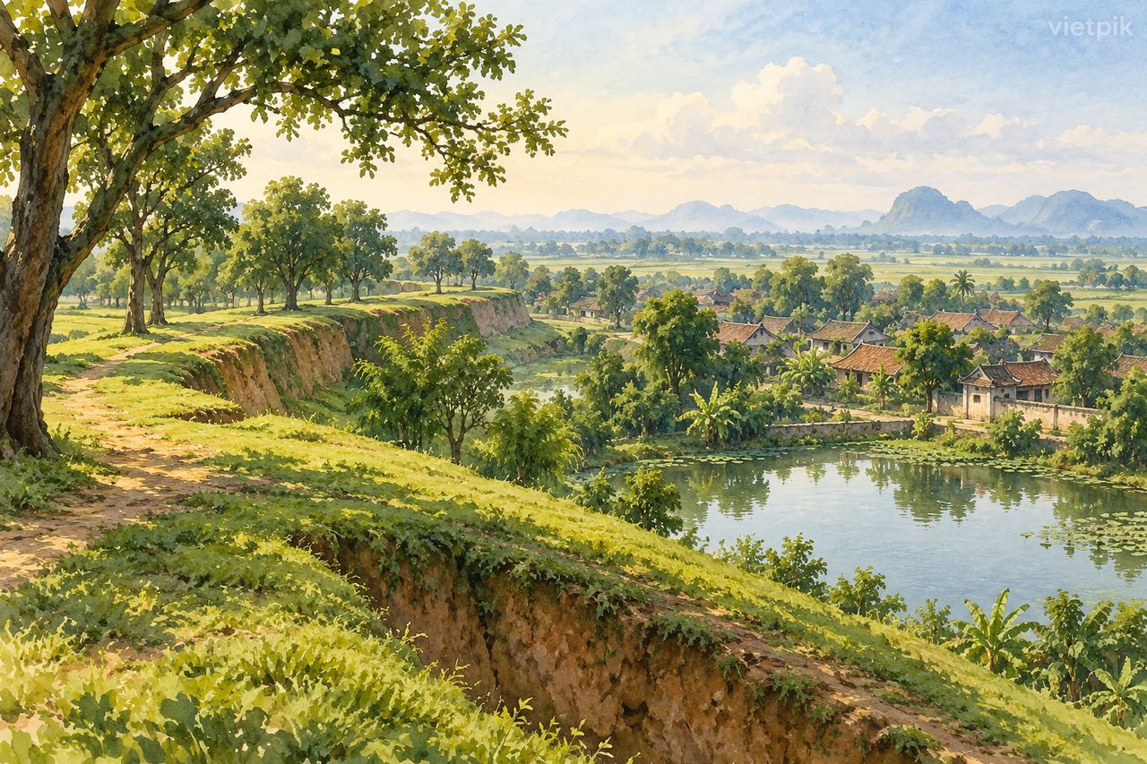 Watercolour concept of an earthen rampart and village landscape