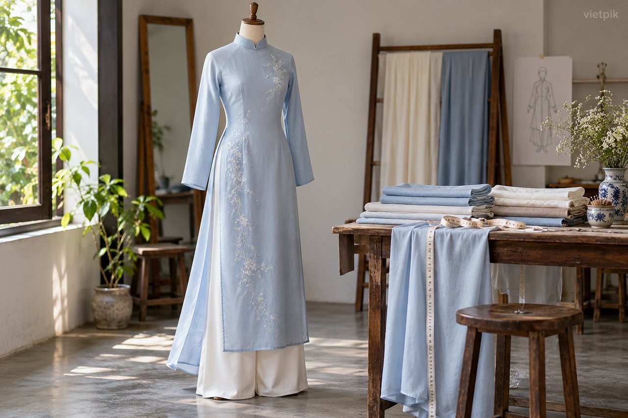 Conceptual áo dài displayed in a tailoring room