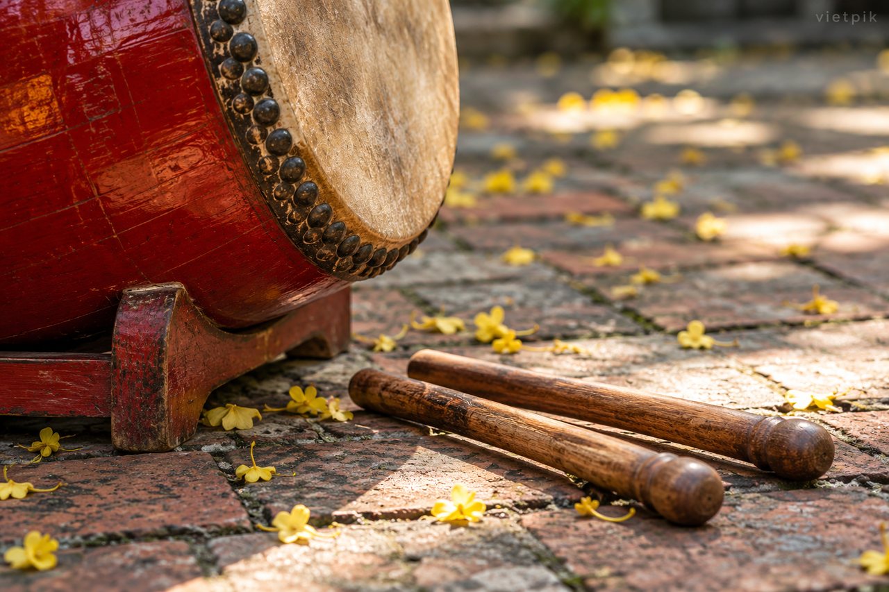 Ceremonial drum and wooden drumsticks