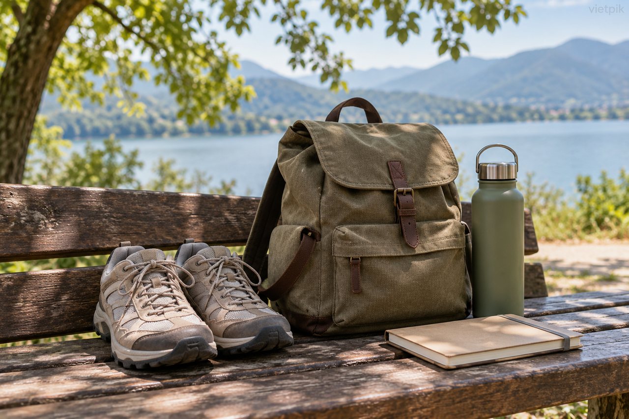 Generic day-trip bag, shoes and notebook