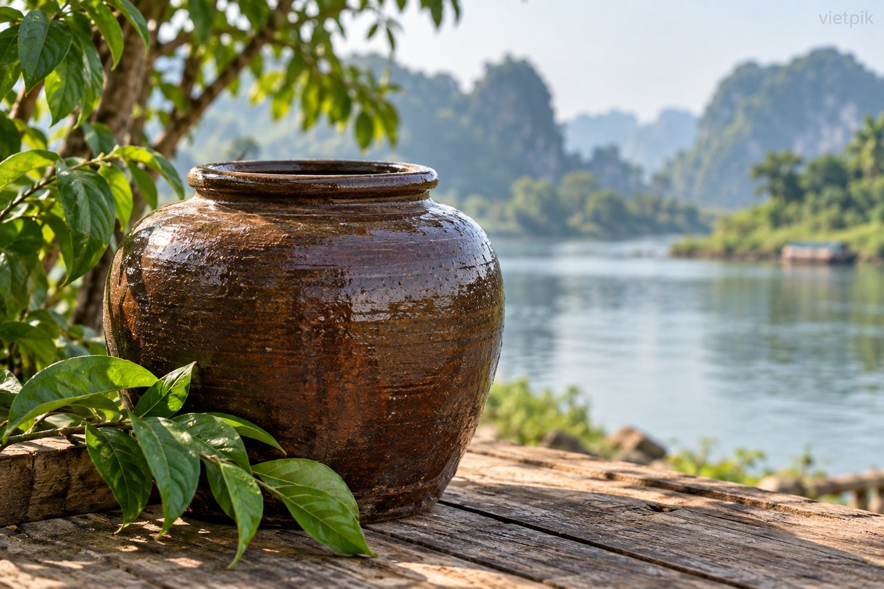 A glazed water jar beside green leaves