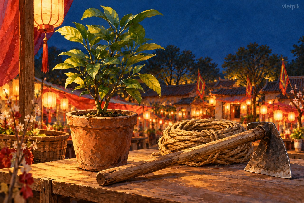 Seedling in a pot beside a hoe and coiled rope