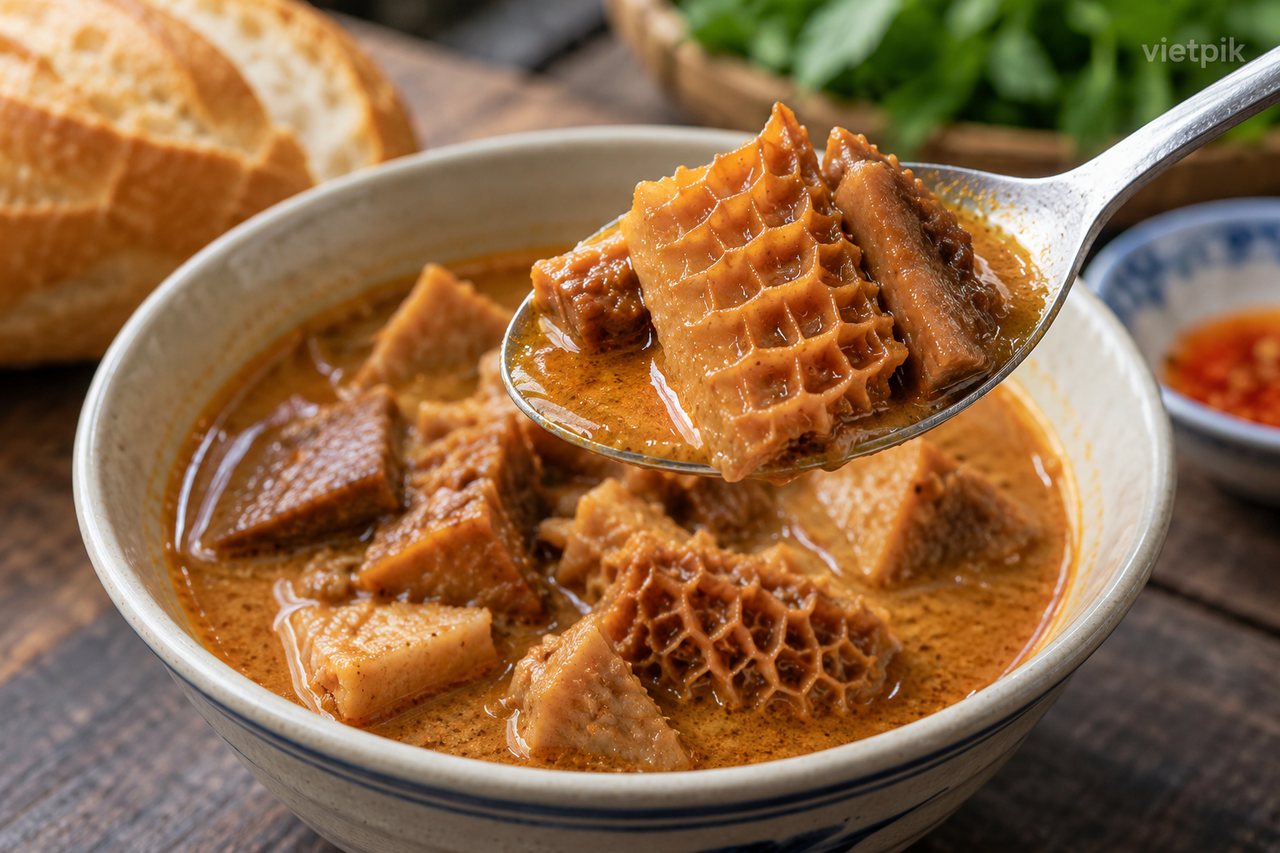 Close view of phá lấu offal in sauce
