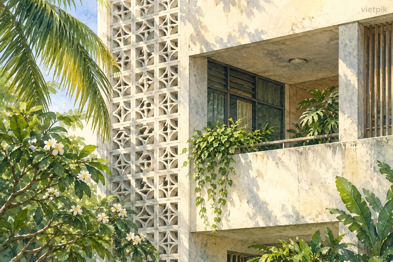 Conceptual tropical façade with a shade screen