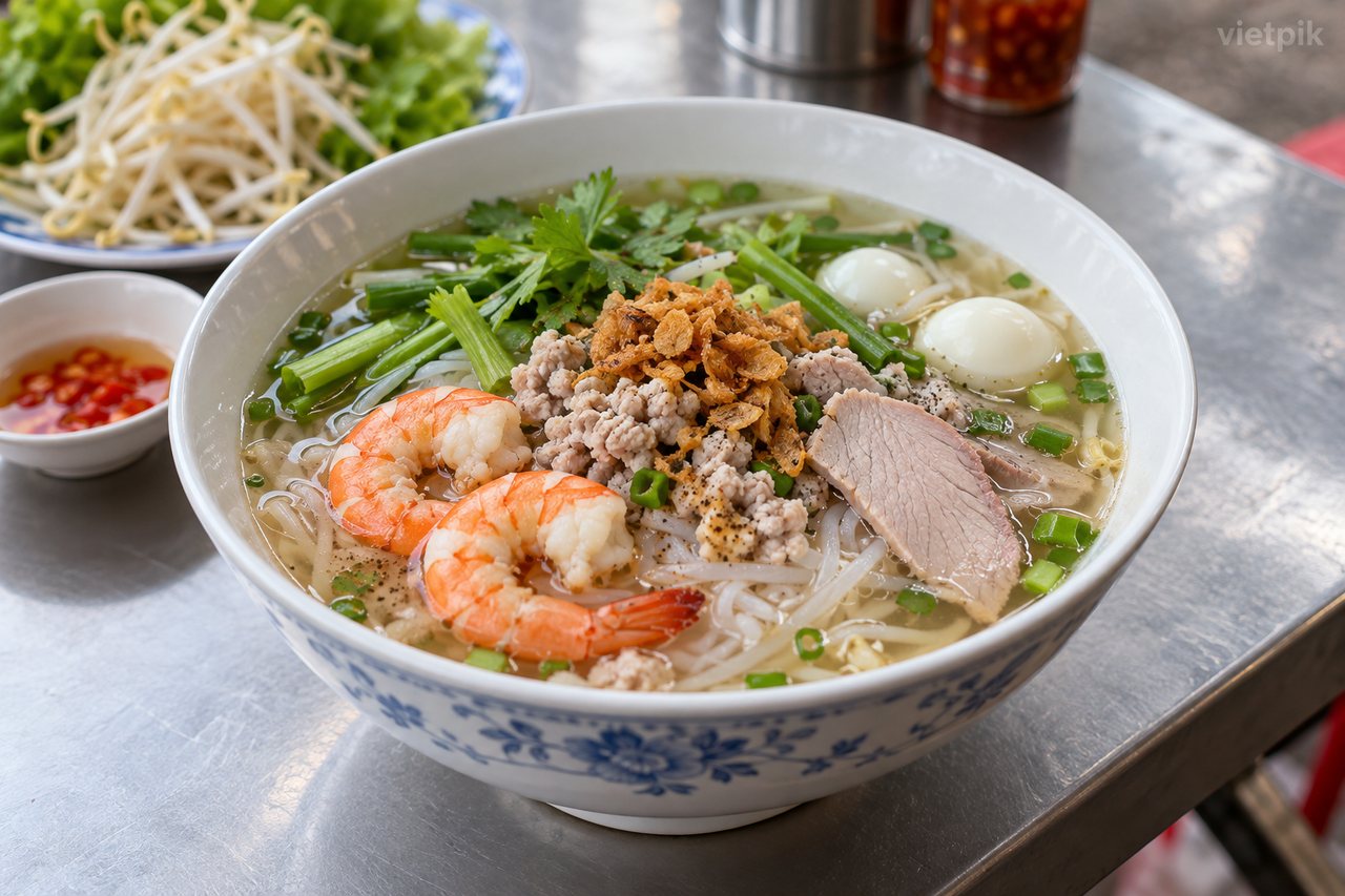 Hủ tiếu Nam Vang with noodles and mixed toppings