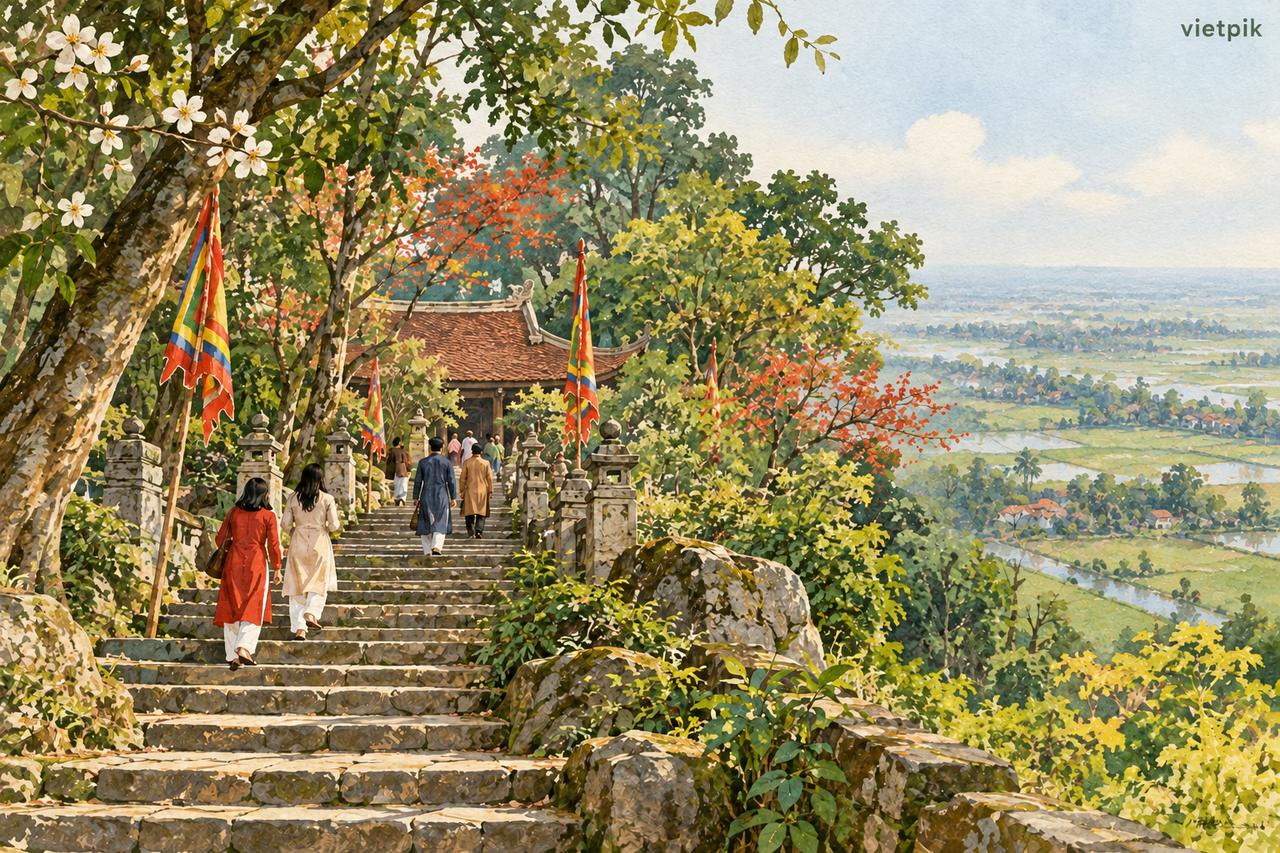 Pilgrims on a wooded hill-pagoda approach