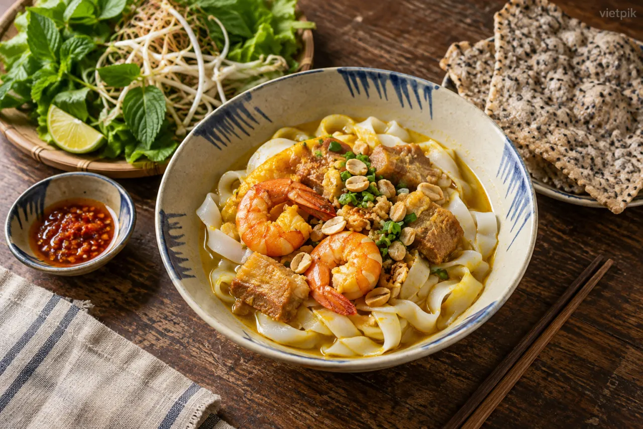 A bowl of mì Quảng with herbs, lime and sesame rice crackers beside it
