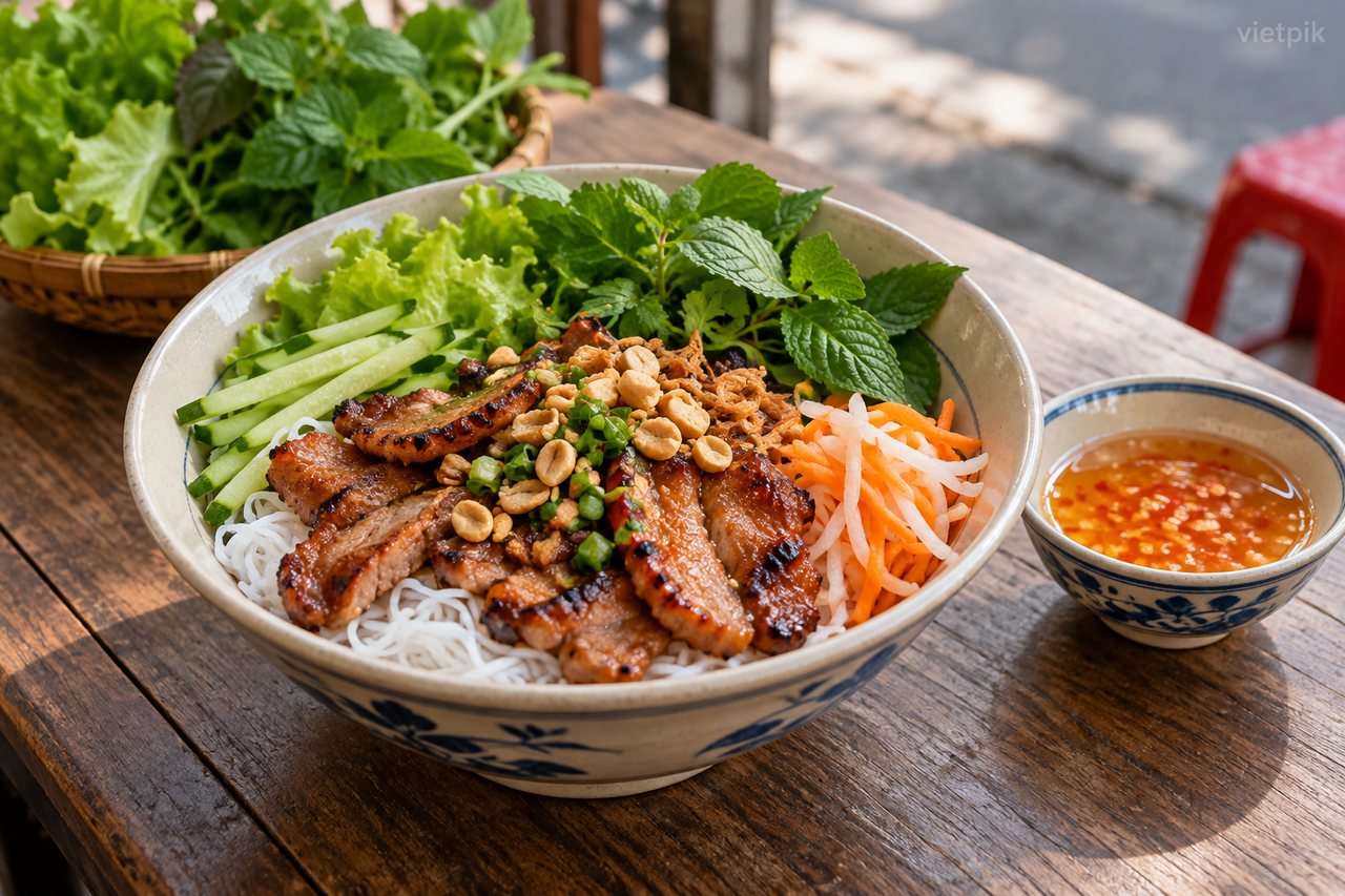 Rice vermicelli with grilled pork, herbs and dressing