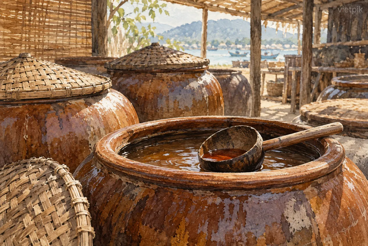 Illustrated clay fermentation jar and traditional fish-sauce tools near the coast