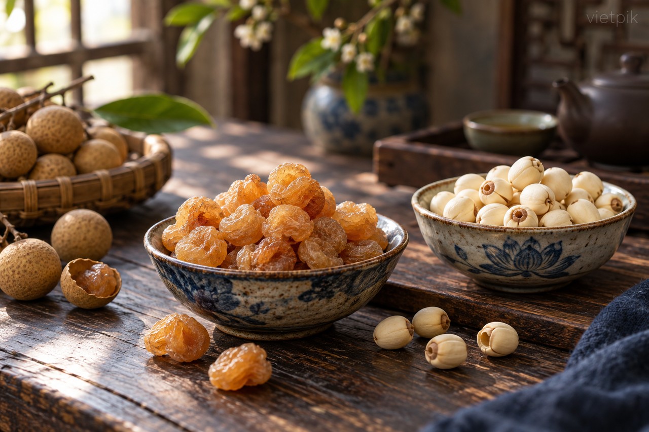 Dried longan and lotus seeds in ceramic bowls