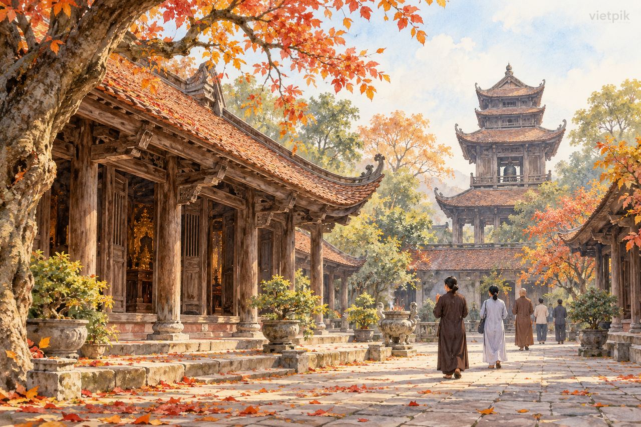 Concept of an autumn gathering in a wooden pagoda courtyard
