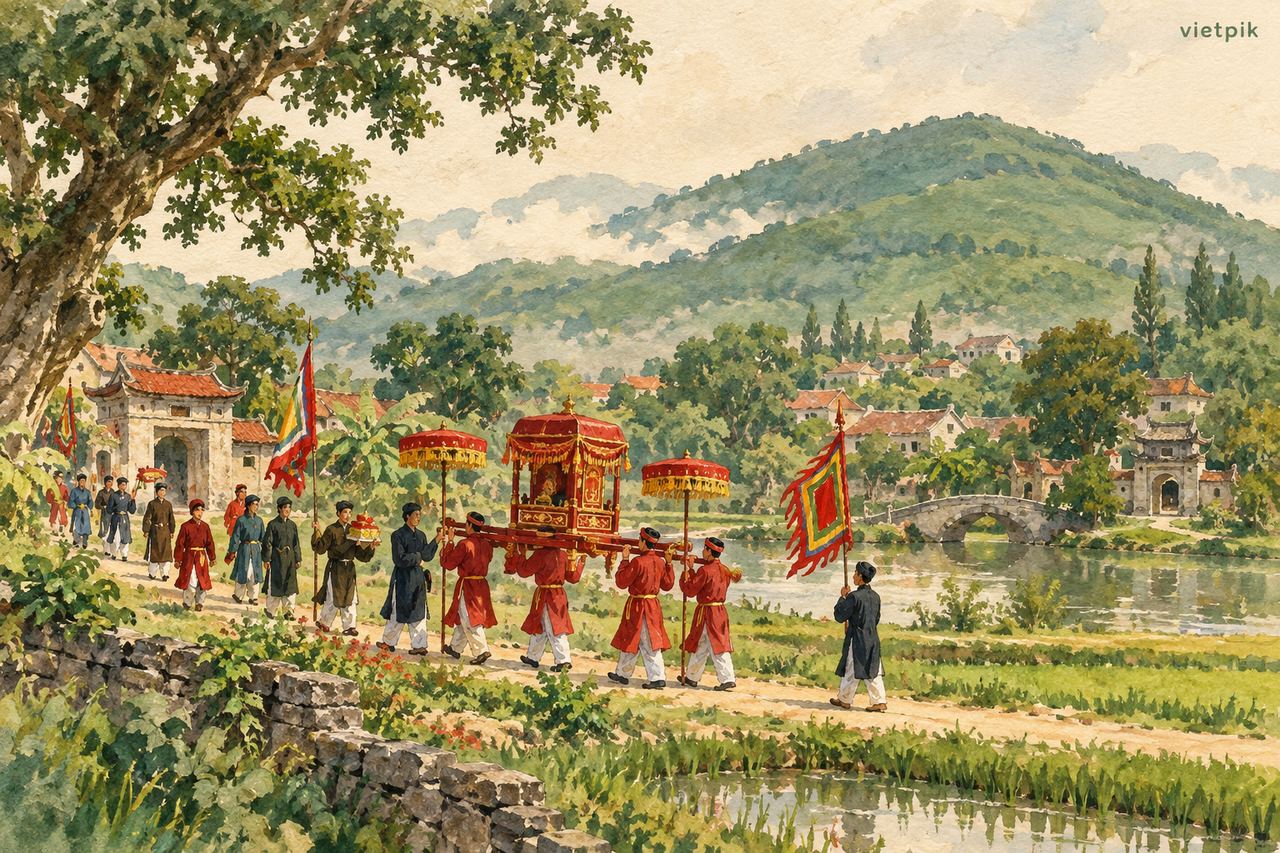 A village palanquin procession beneath a low hill