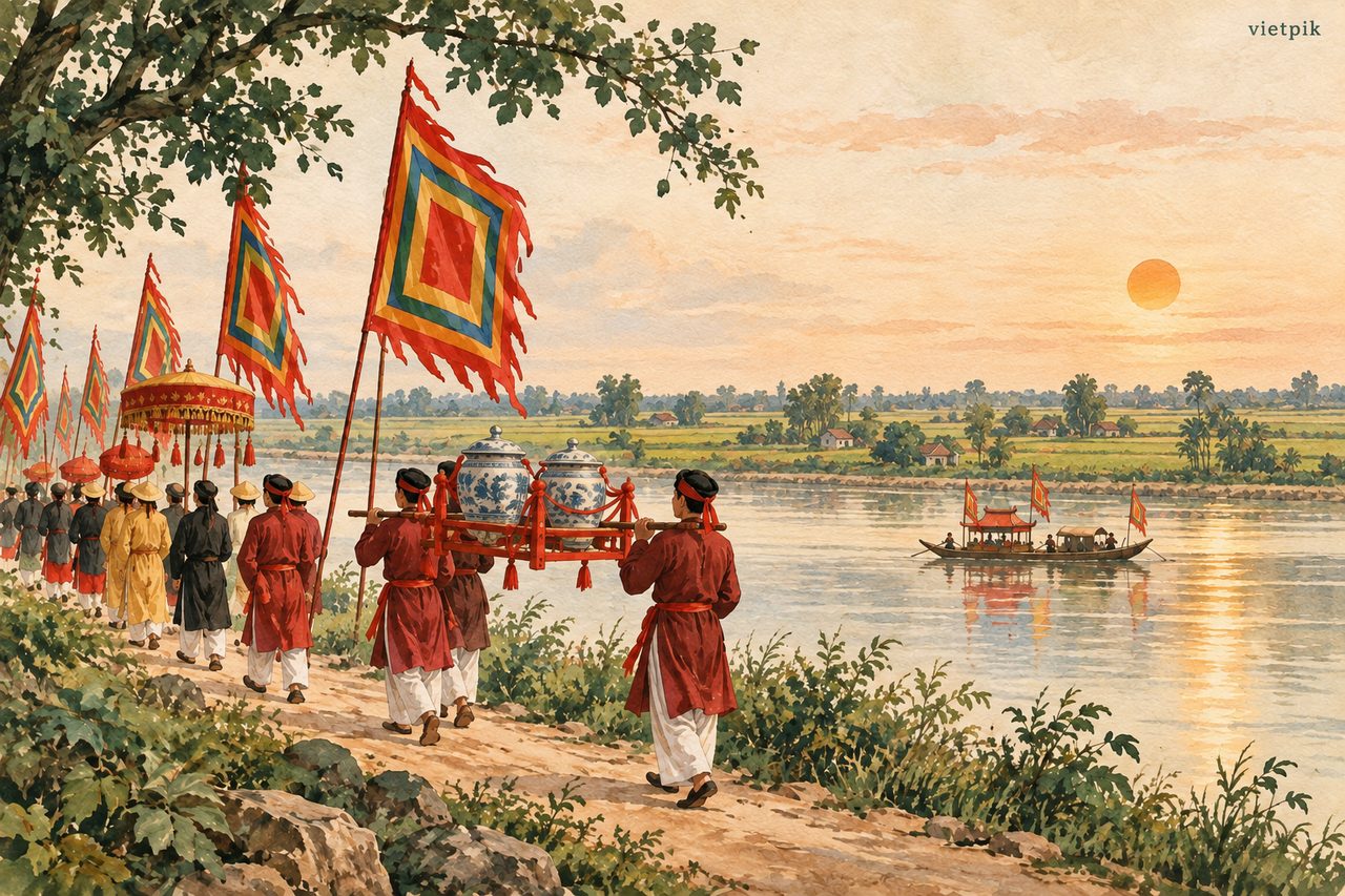 A procession carrying water jars along a riverbank