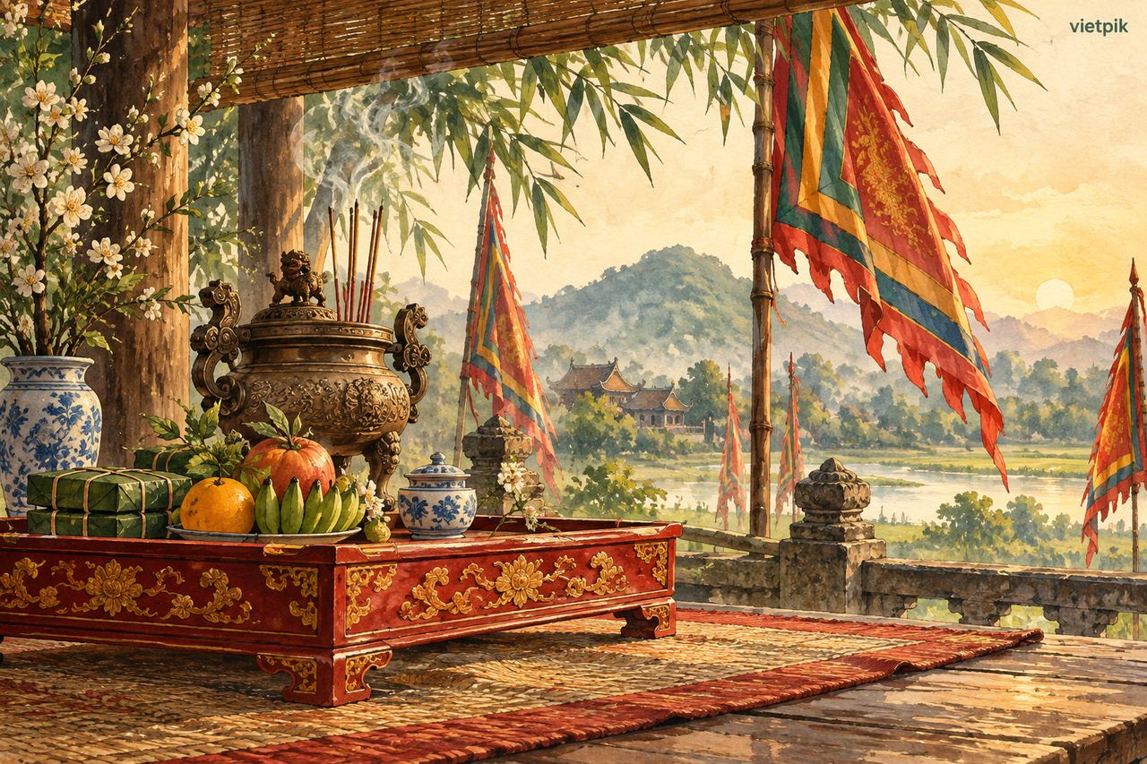 A ceremonial tray, incense vessel and folded flags