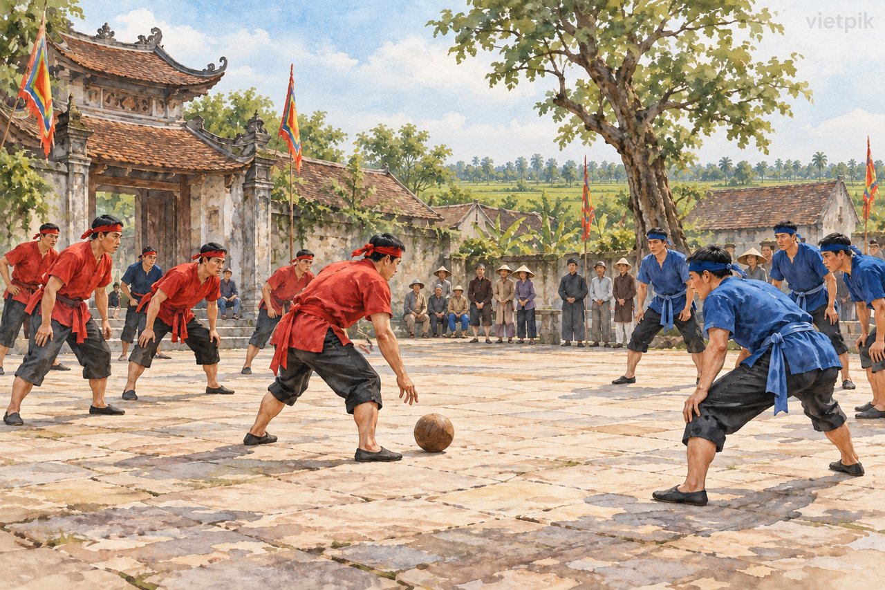 Concept of two village teams preparing for a wooden-ball game