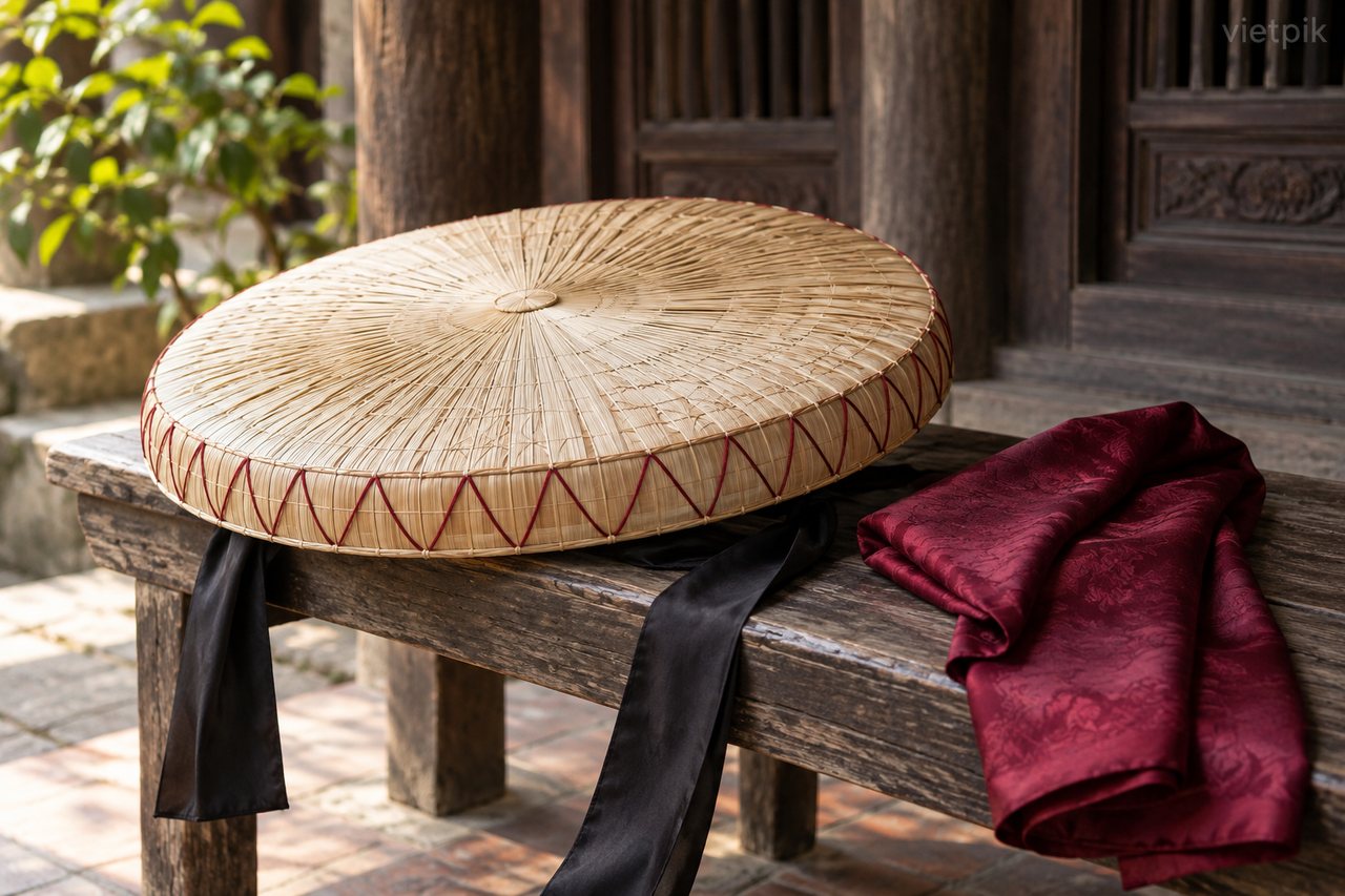 Flat woven hat and silk textile detail