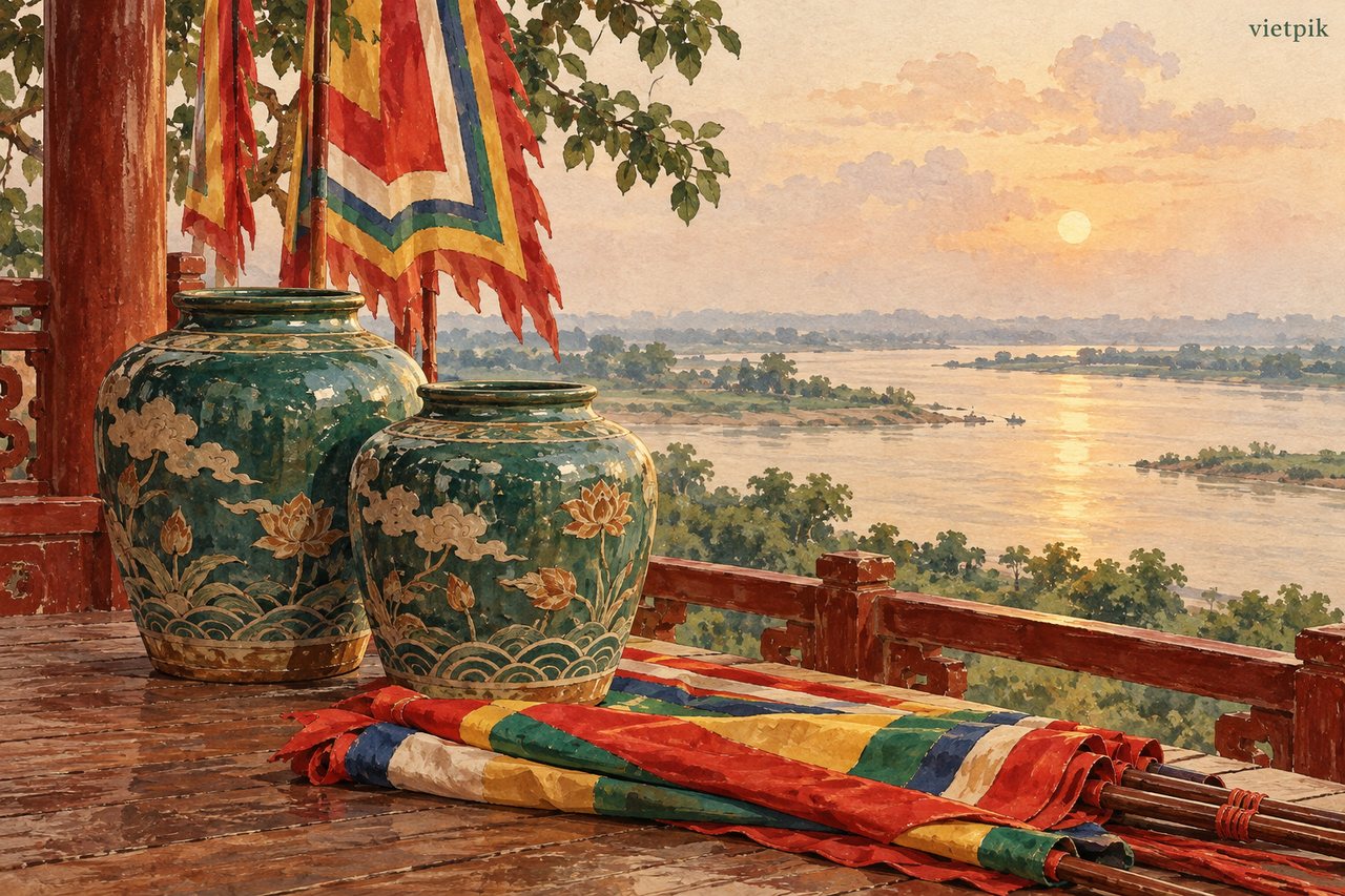 Two ceramic water jars with festival flags beside a river