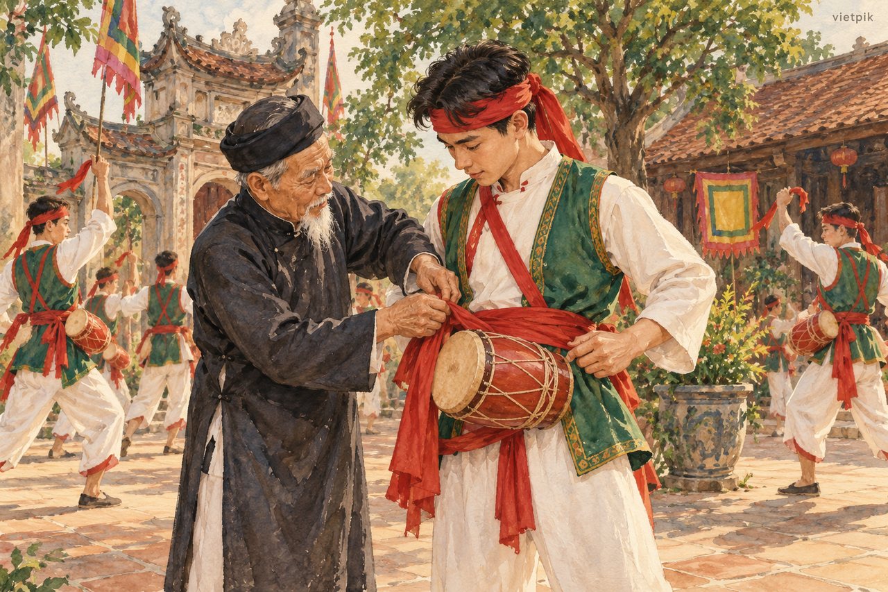 An elder helping a younger adult prepare a waist drum