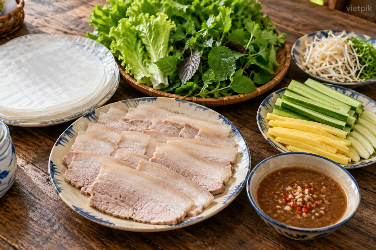 Pork slices, rice paper, herbs and vegetables arranged on a shared table