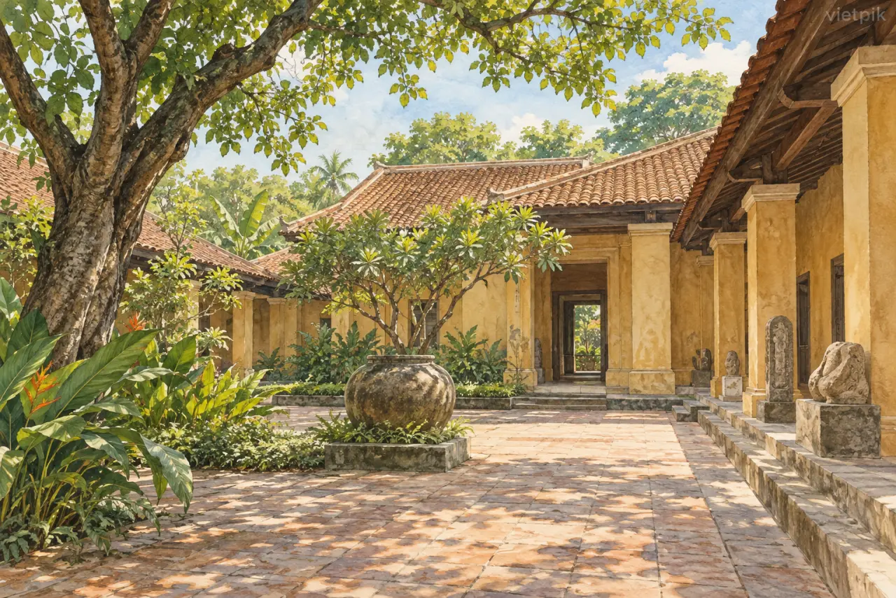 Illustrated courtyard suggesting a calm museum approach in tropical light