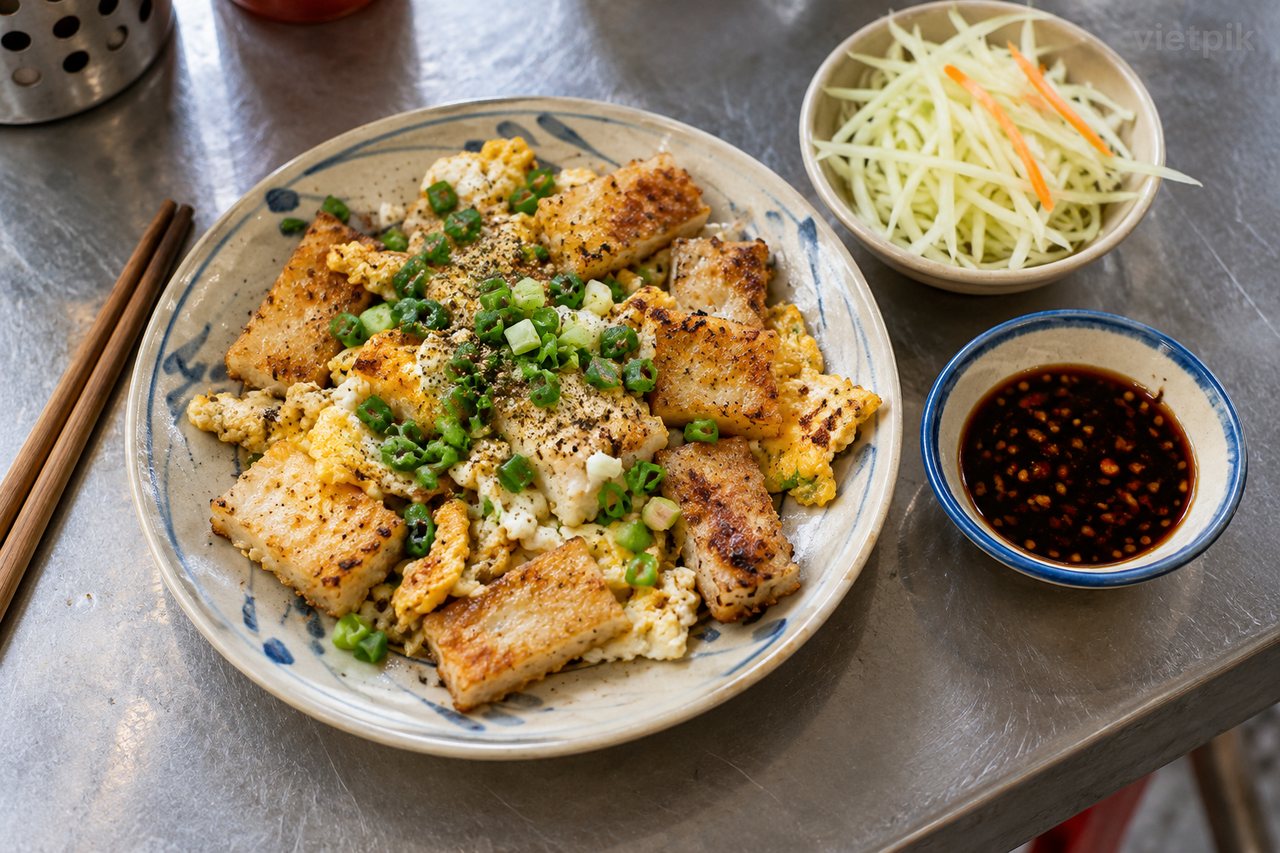 Bột chiên with sauce and shredded vegetables