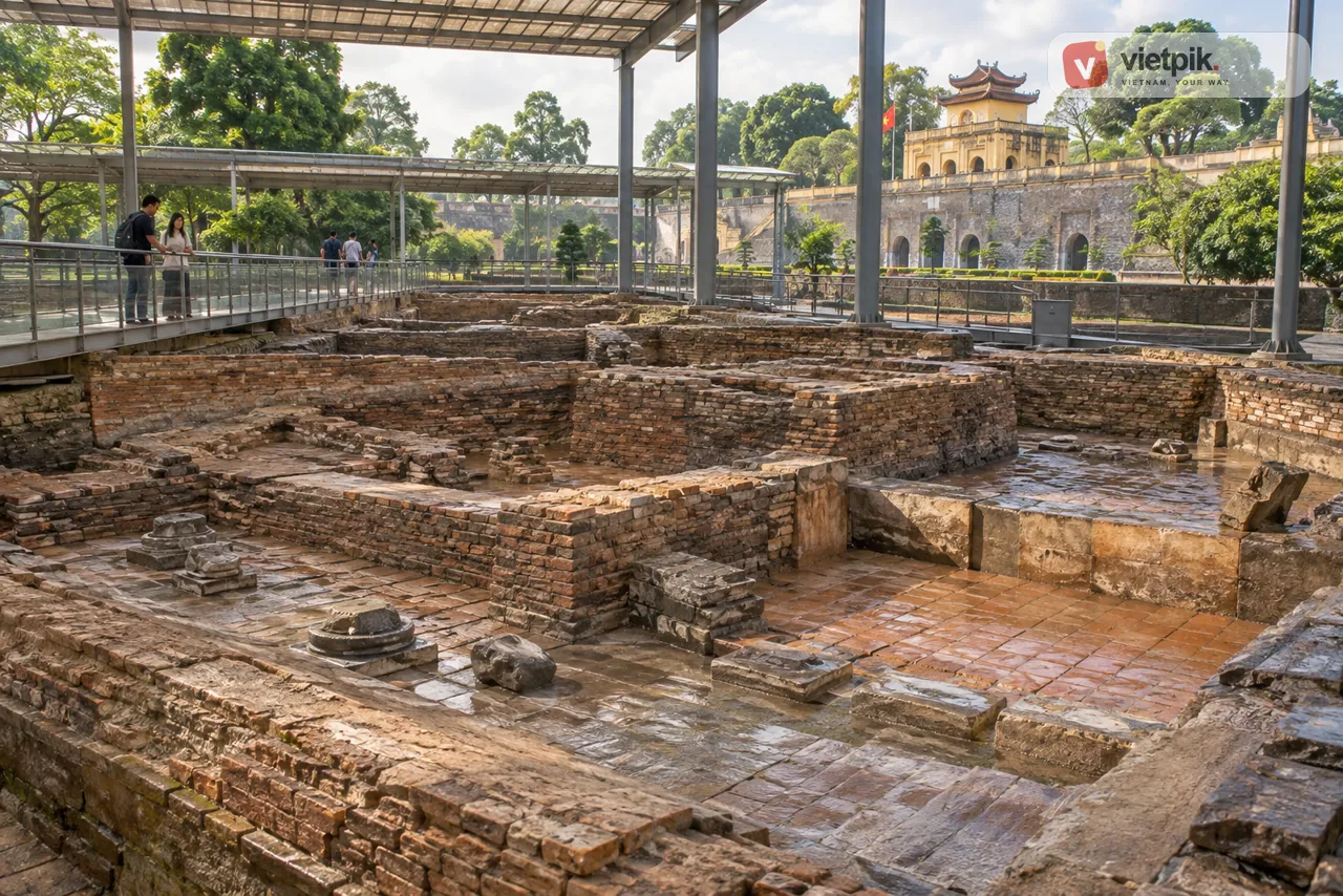 Excavated brick foundations and tiled surfaces at the 18 Hoàng Diệu archaeological area in Hanoi