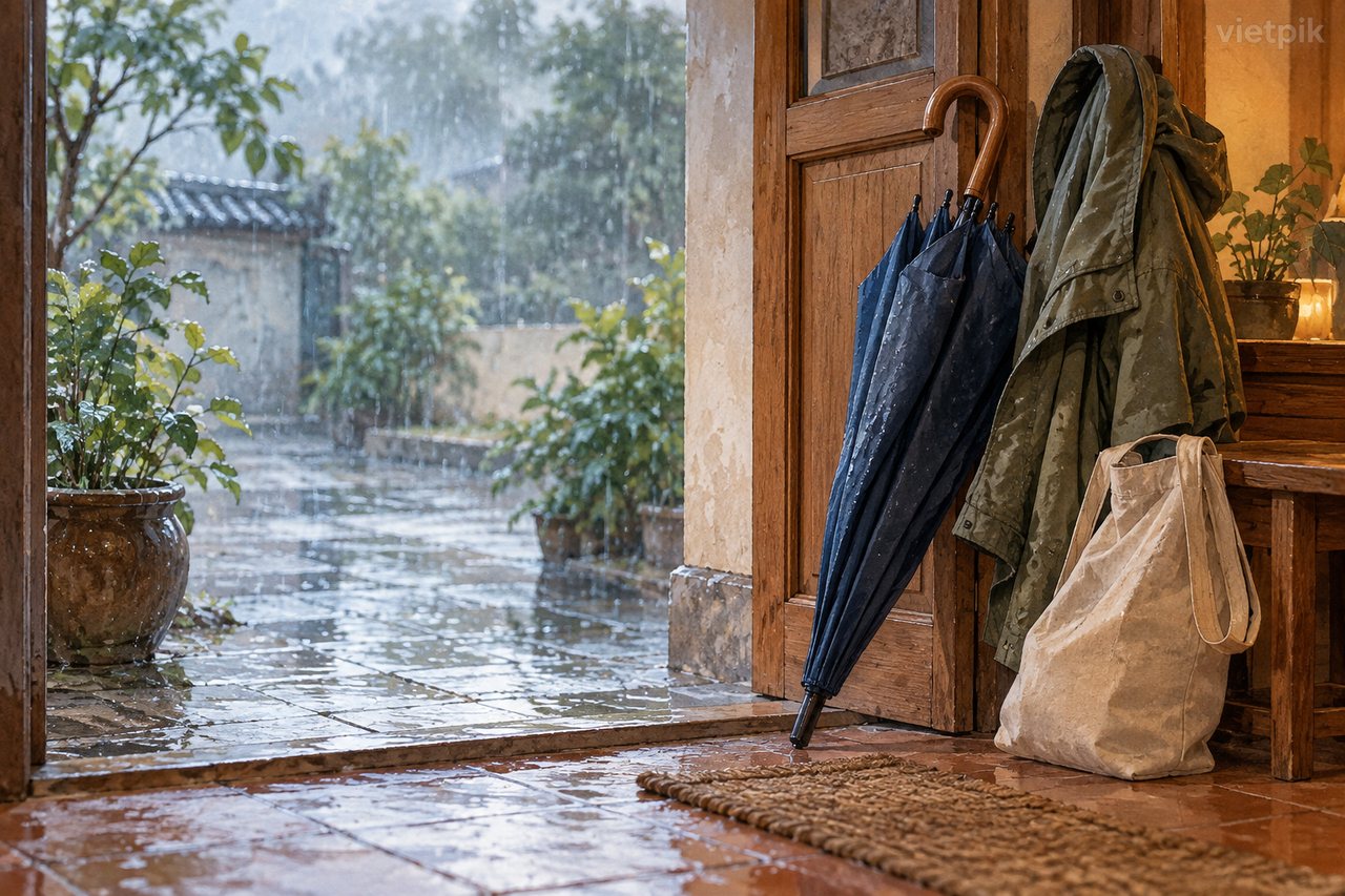 An umbrella and jacket at a sheltered doorway