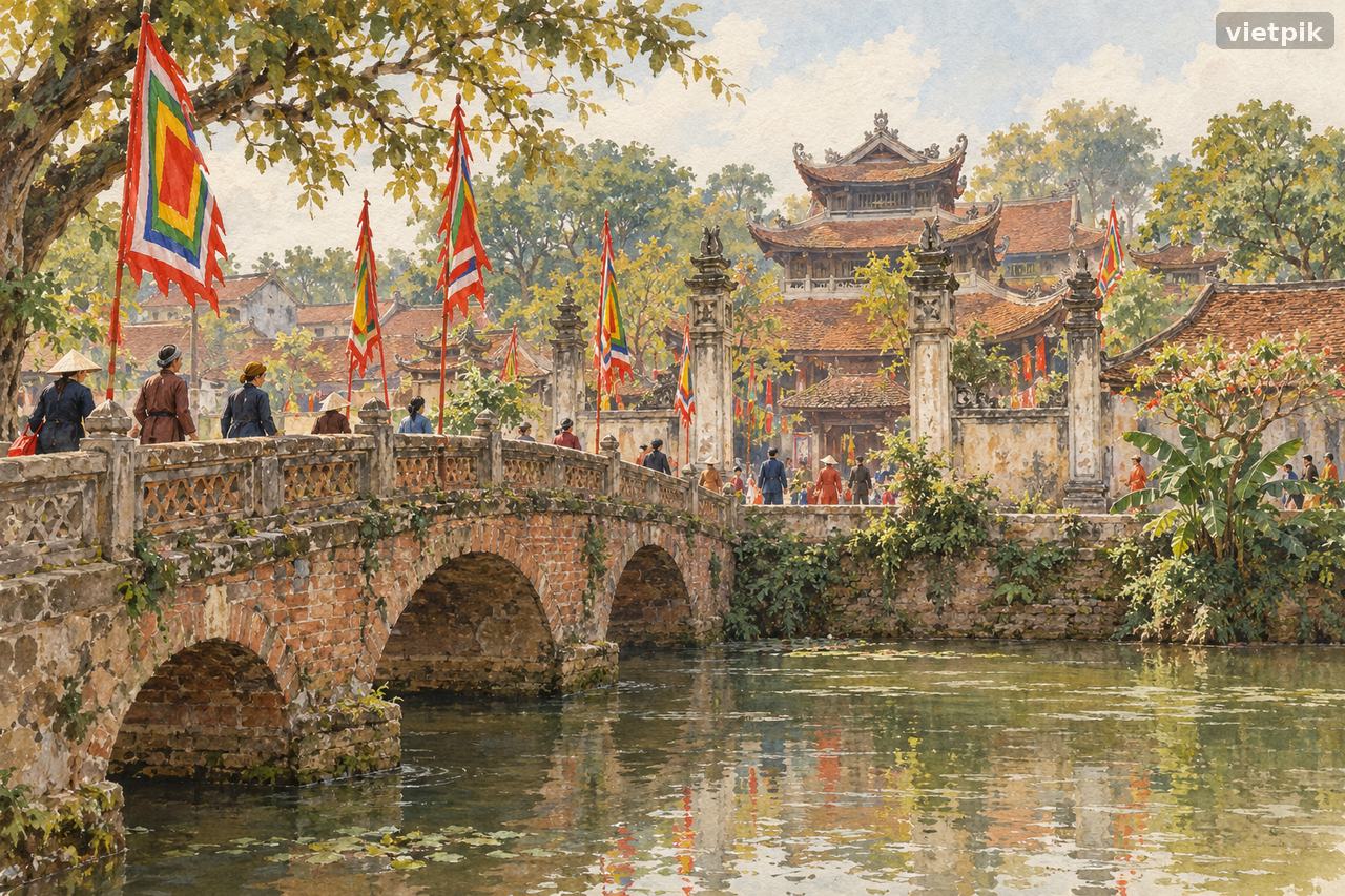 An old brick bridge and festival flags leading toward layered pagoda roofs