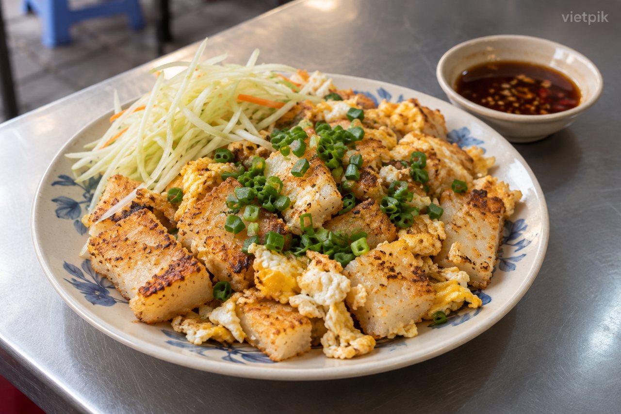 Fried rice-flour cake pieces with egg