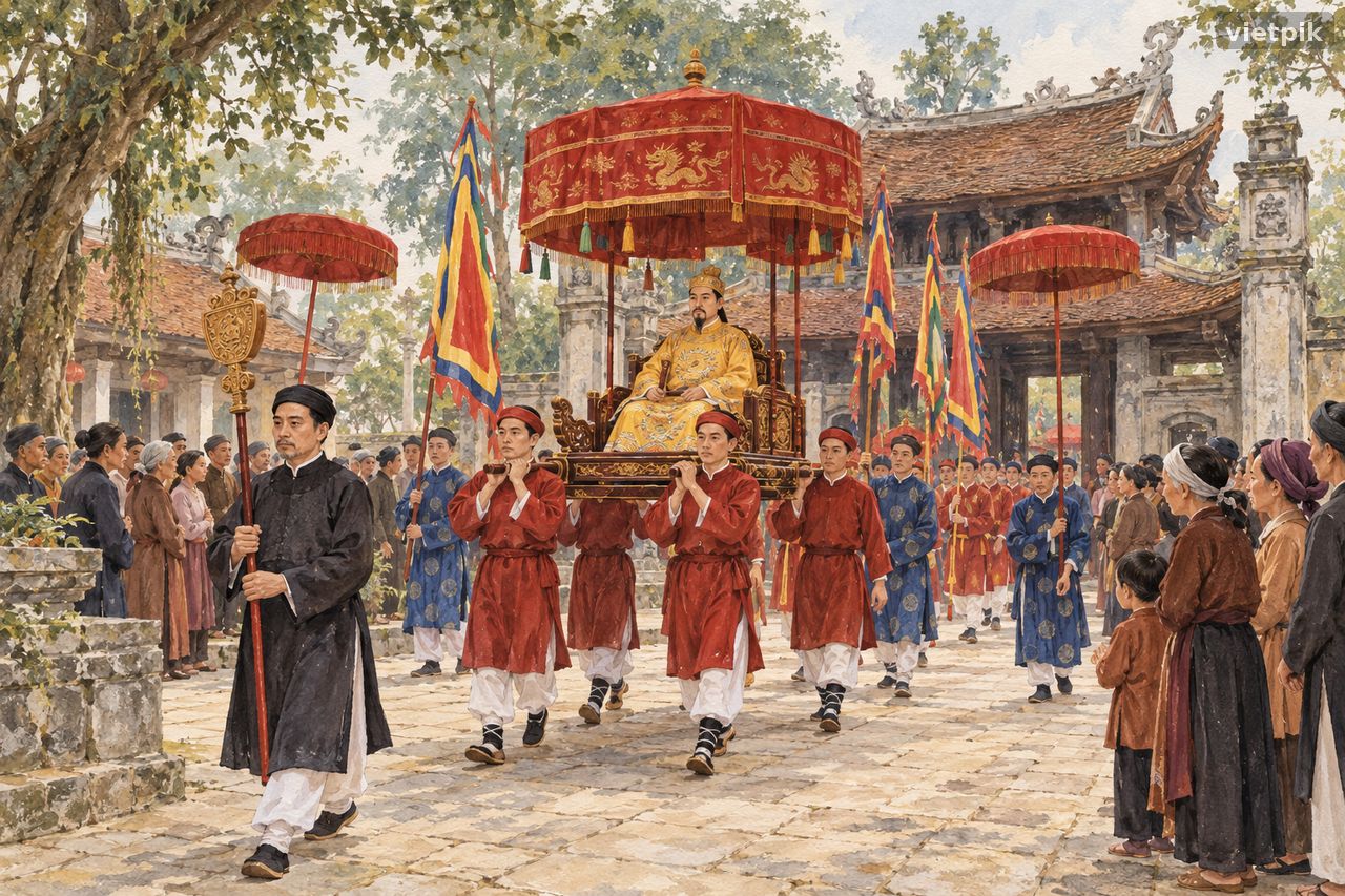 A dignified conceptual procession with a living king beneath a red ceremonial canopy