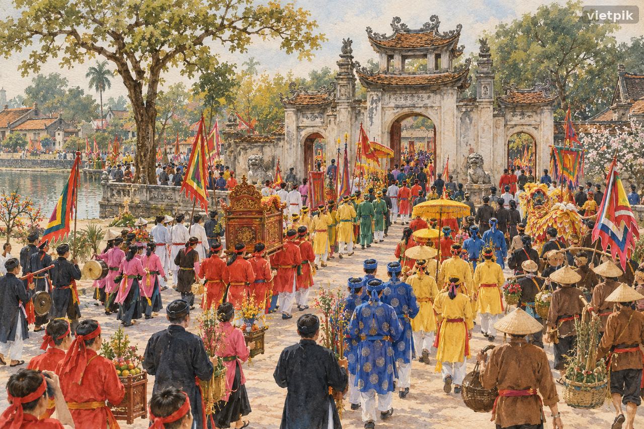 Fourteen conceptual village delegations converging through a pagoda gate
