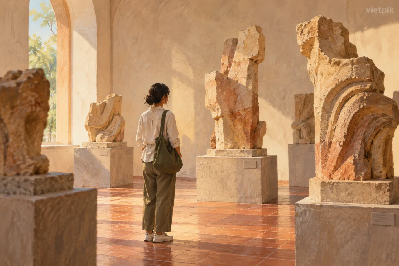 Illustrated visitor pausing among sculptural forms in a warm gallery