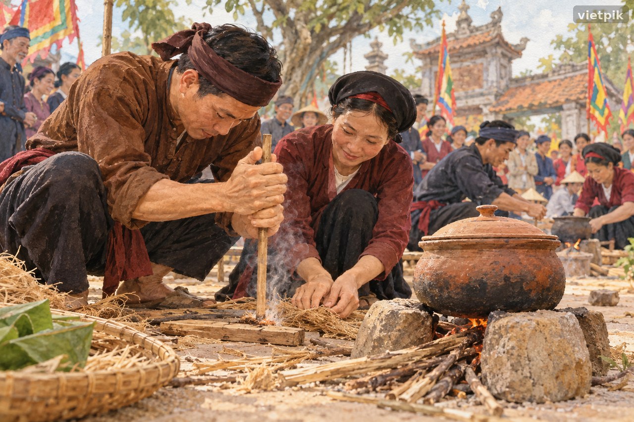 Hands creating friction fire beside a small clay rice pot, gouache illustration