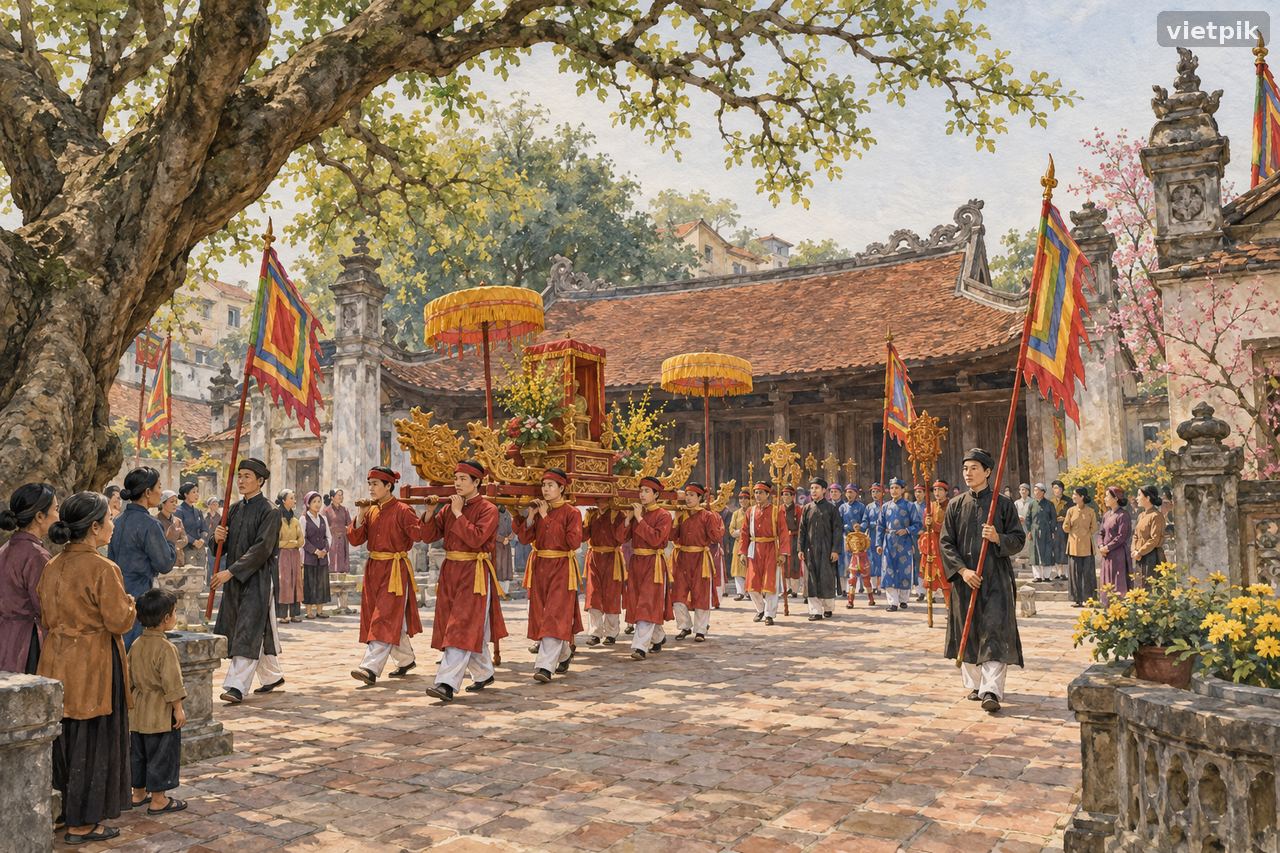 A conceptual communal-house courtyard with a restrained spring procession in central Hanoi