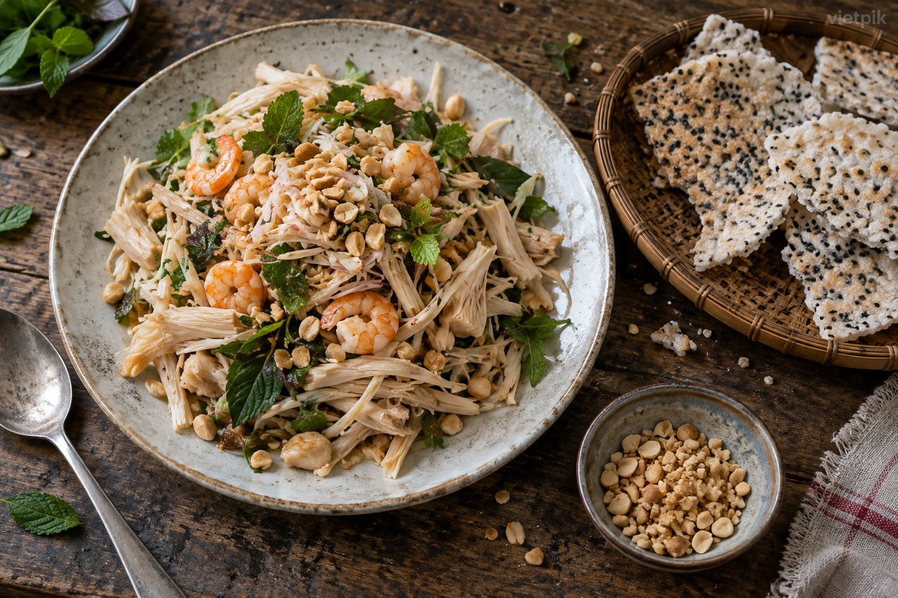 A plate of jackfruit salad with crackers for sharing