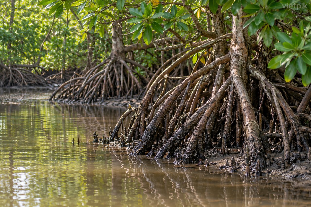 Mangrove roots above tidal mud and water