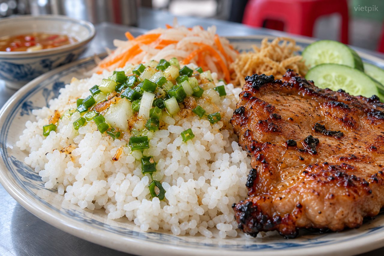Rice and grilled pork with scallion oil