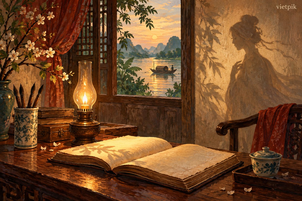 An open book, a lamp and a shadow suggesting literary reflection