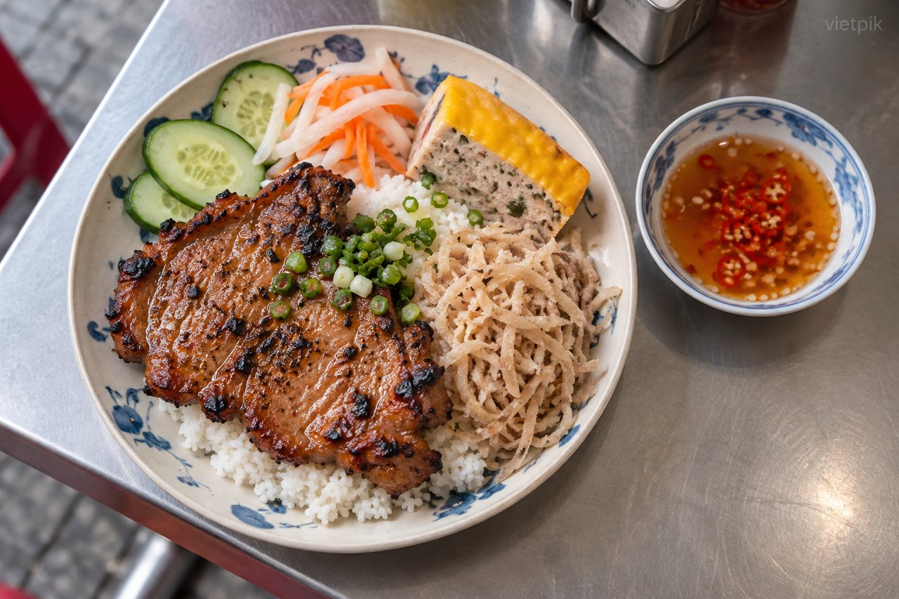 A sườn bì chả broken-rice plate