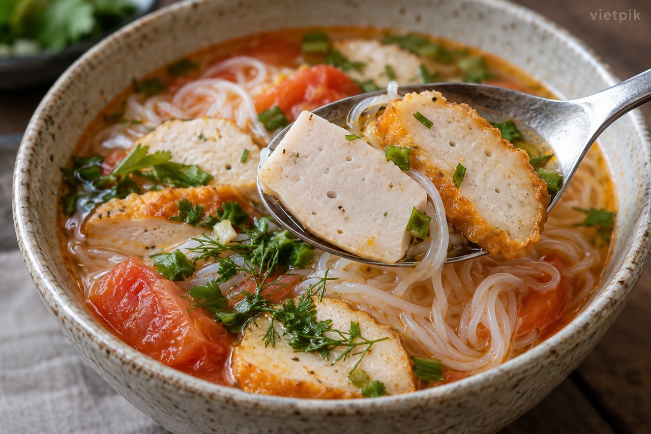 Fish-cake slices above thin rice noodles