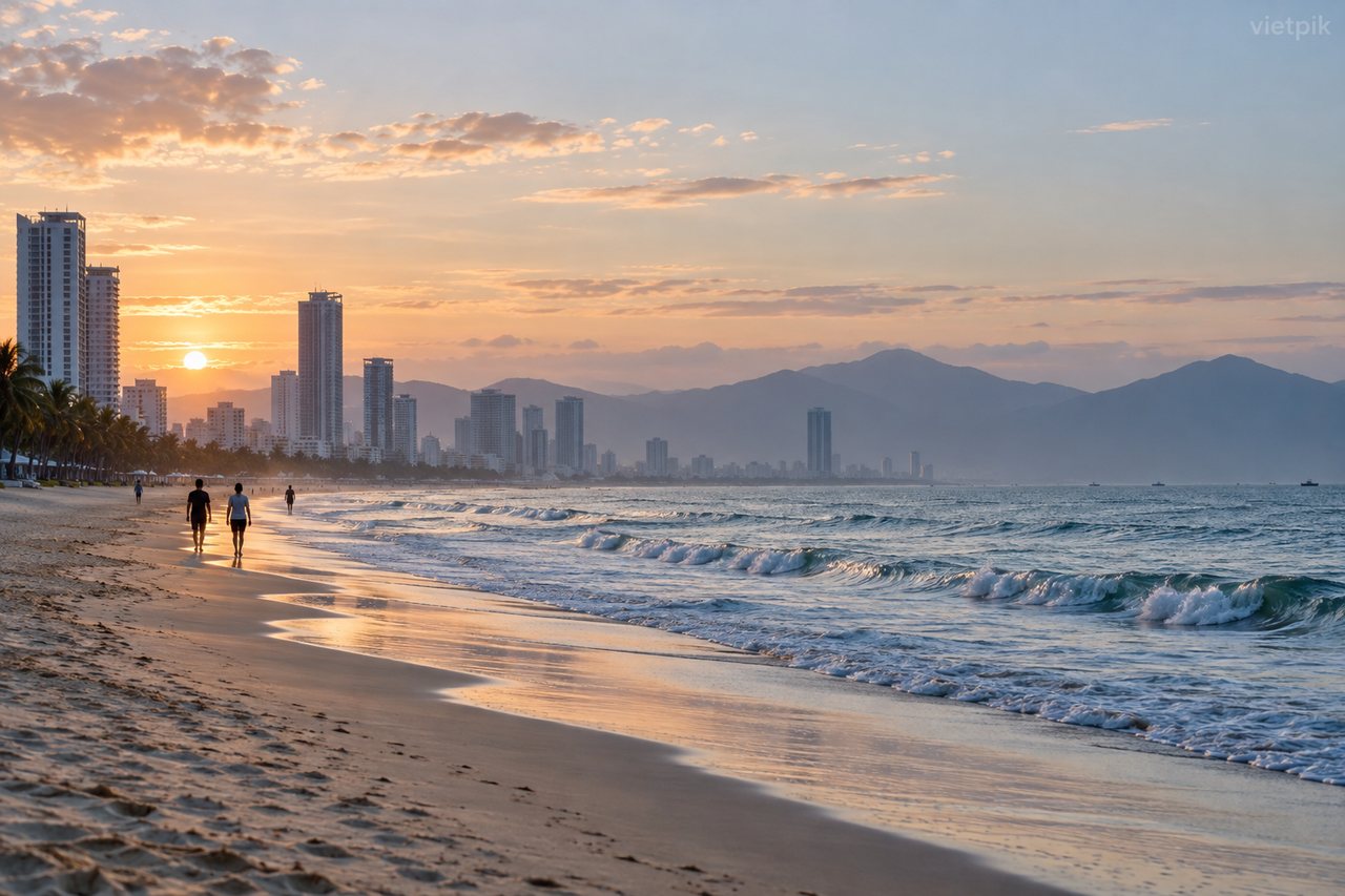 Illustrated coastal city beach with distant walkers