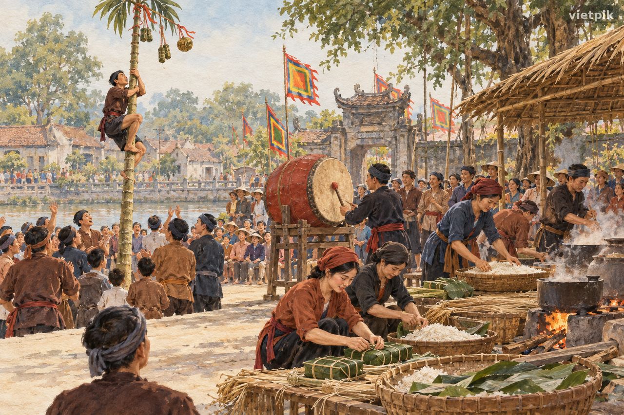 A climber, drum and rice-preparation team shown as a respectful conceptual scene