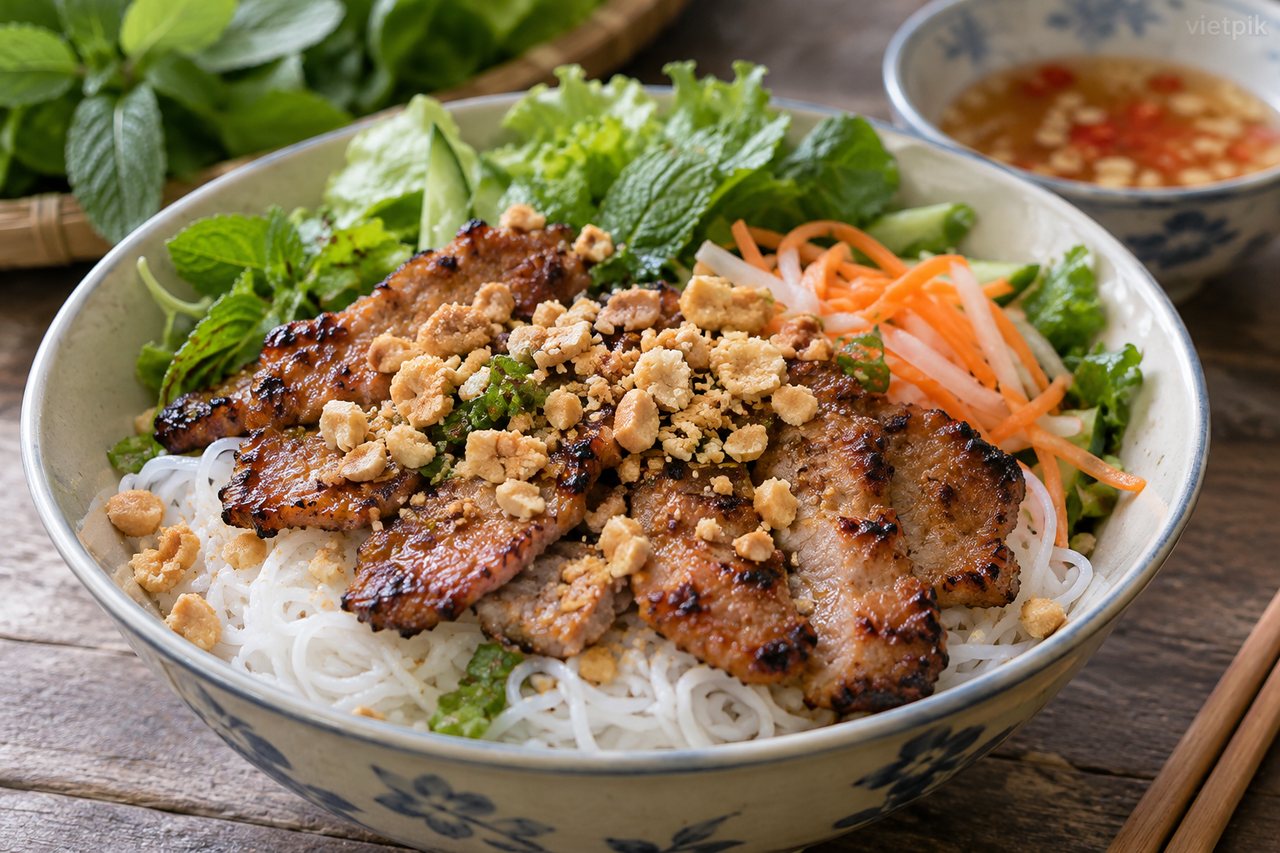 Grilled pork above rice vermicelli