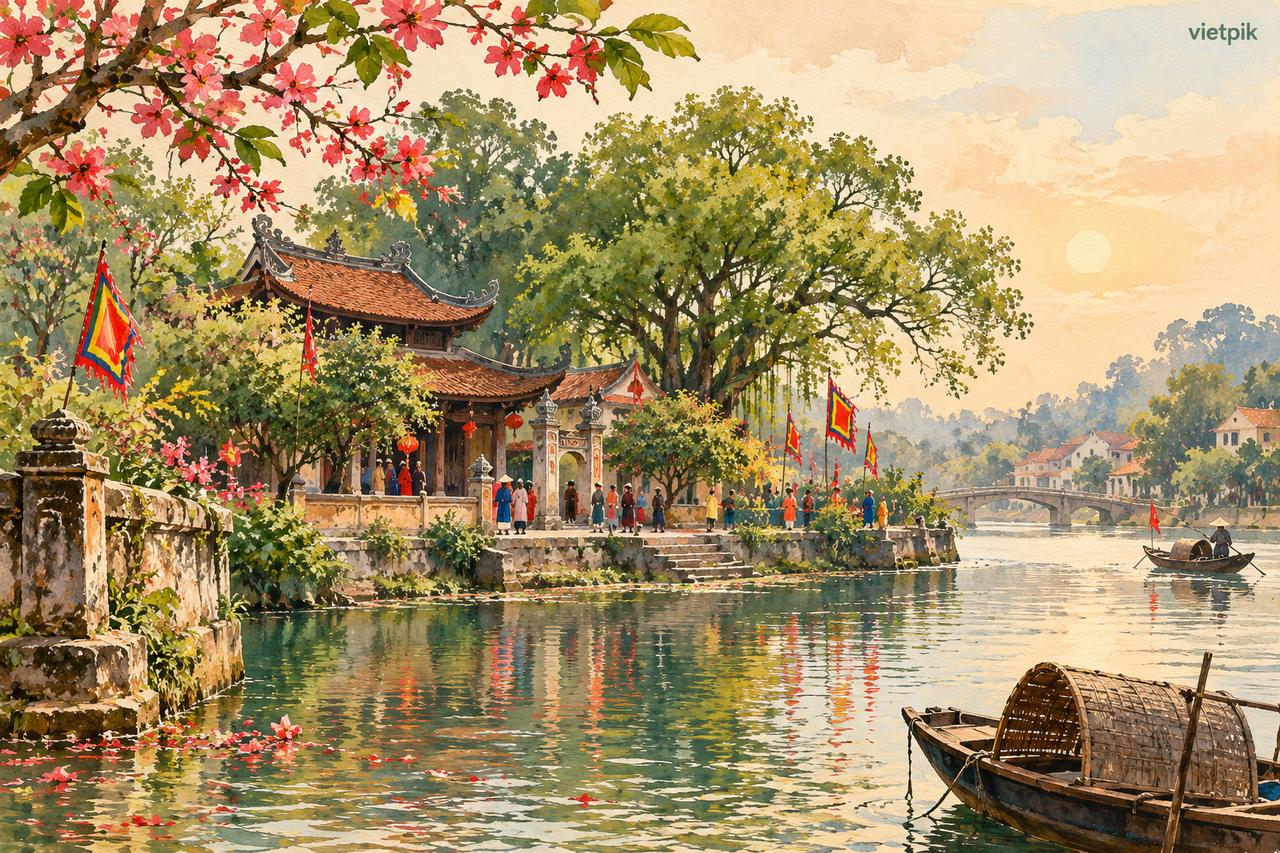 A modest riverside pagoda with village festival flags