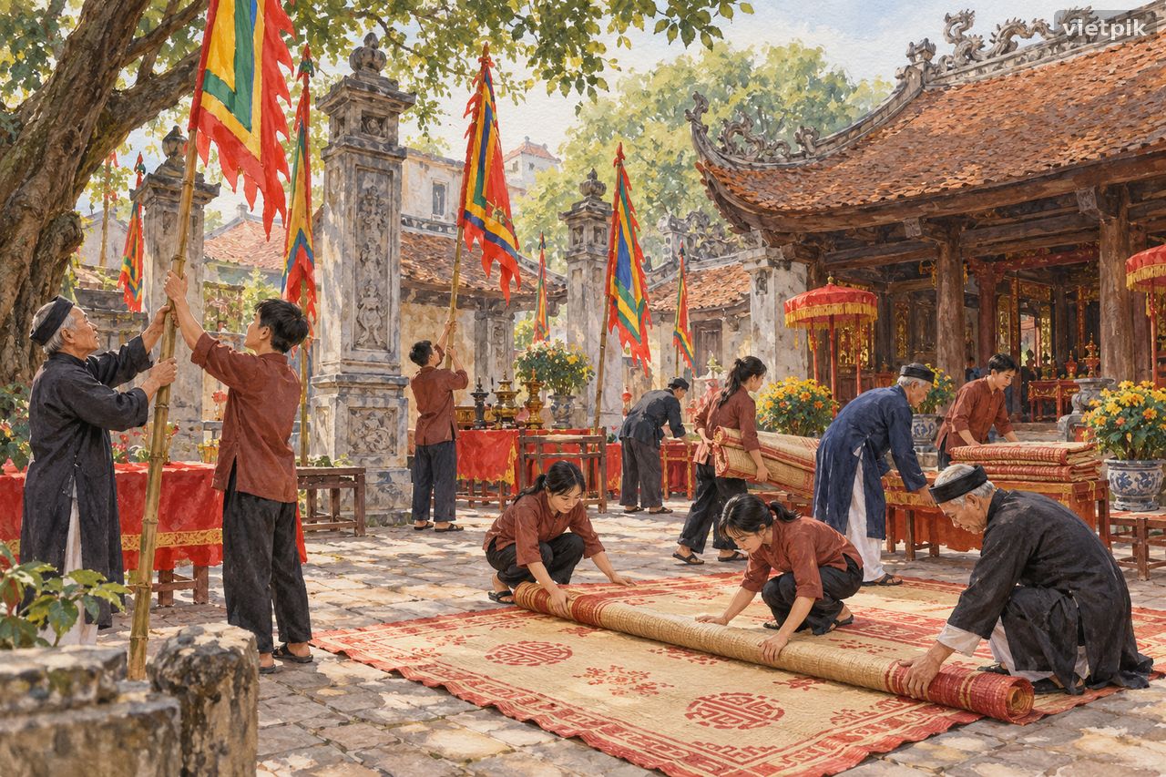 Elders and younger volunteers arranging flags and ceremonial mats together