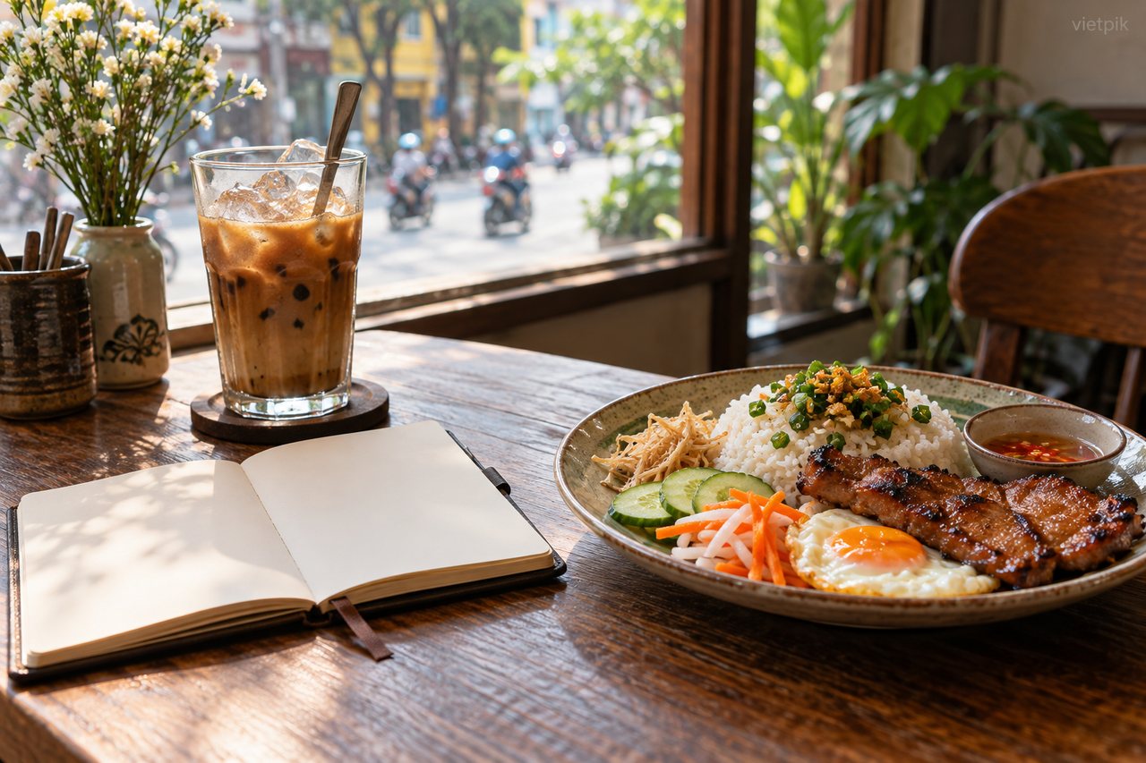 Coffee, a meal and a blank travel notebook