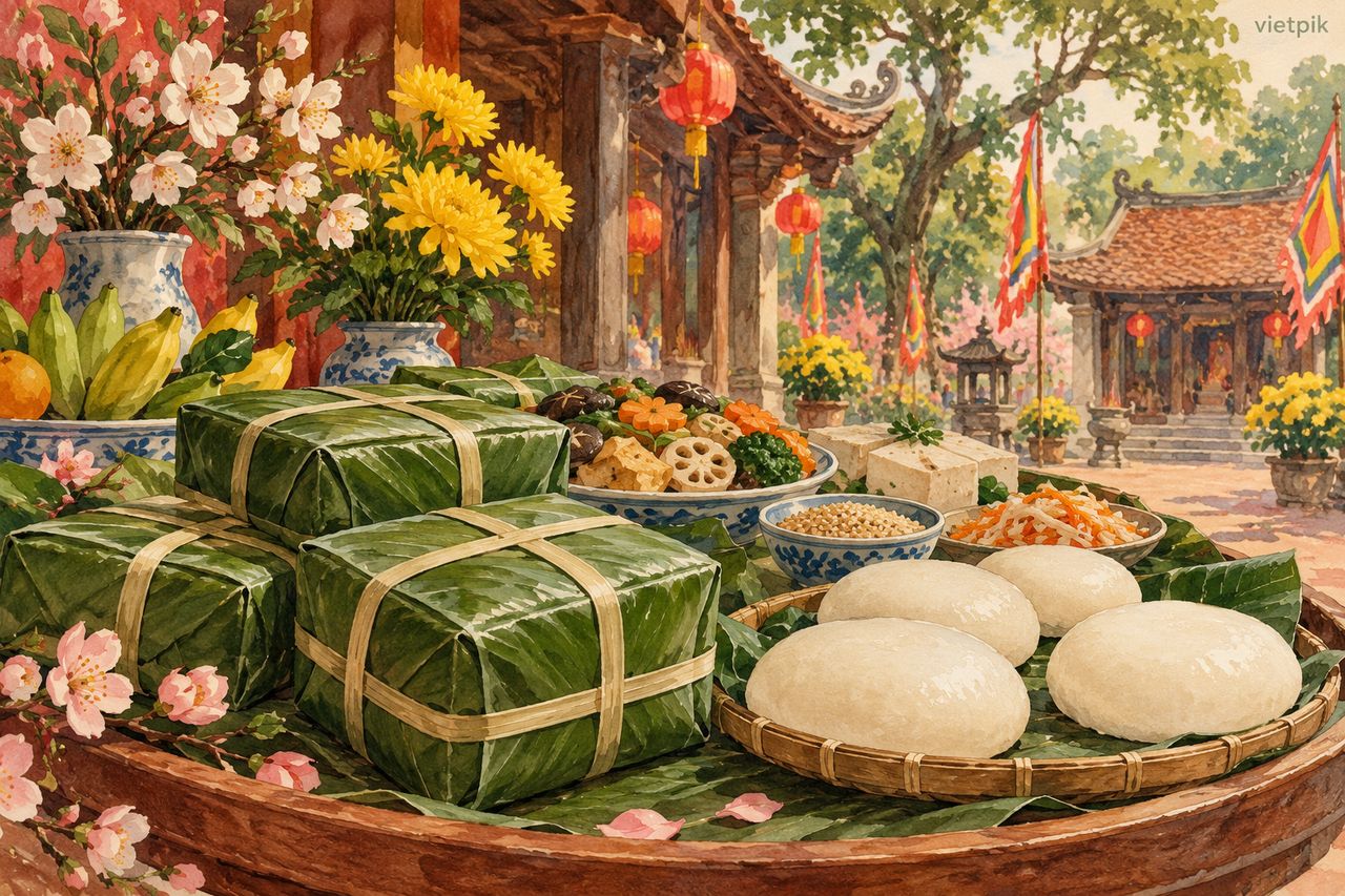Square wrapped cakes and round rice cakes evoking vegetarian offerings